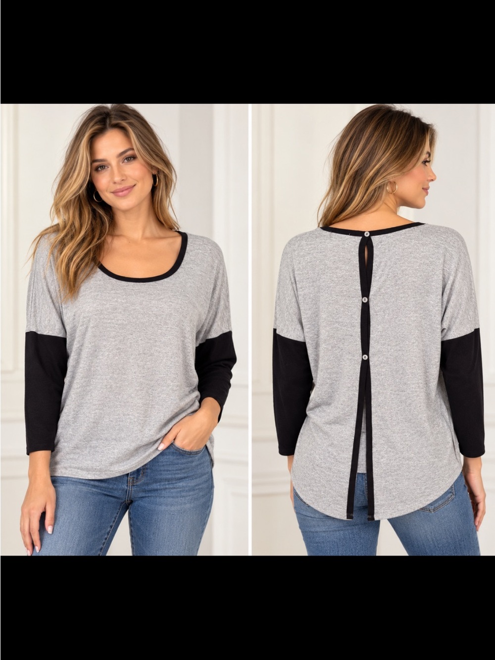 Women’s Two-Tone Scoop Neck Sweater - Gray and Black